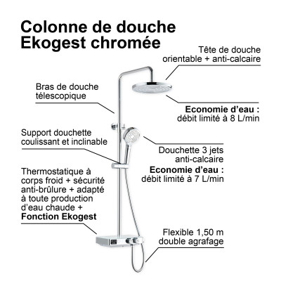 Colonne de douche thermostatique EKOGEST Chromée Ref 3047404002237