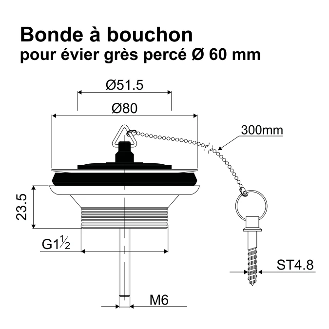 Bonde à bouchon pour évier grès percé - Ø 60 mm