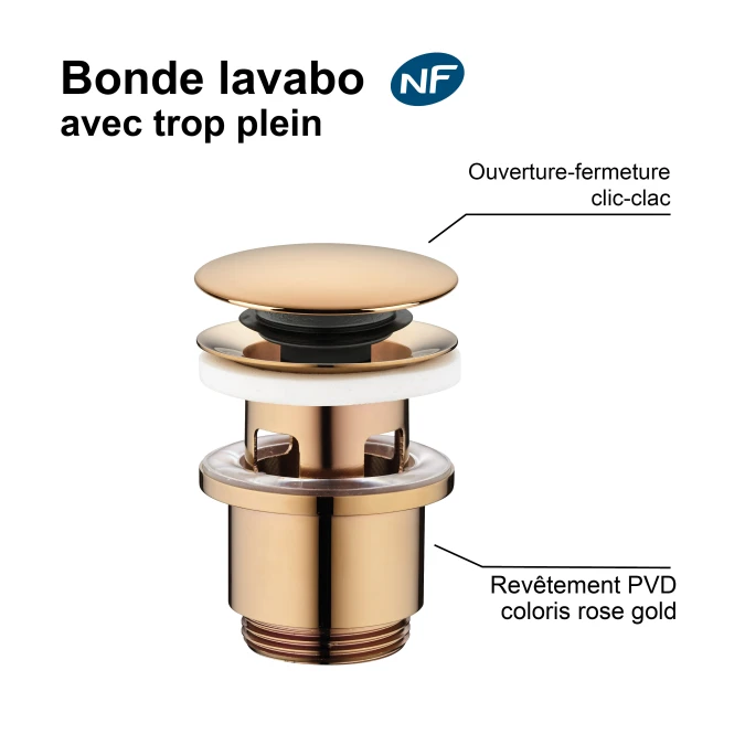 Bonde de lavabo clic-clac - avec trop plein - Certifié NF