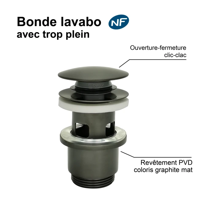 Bonde de lavabo clic-clac - avec trop plein - Certifié NF