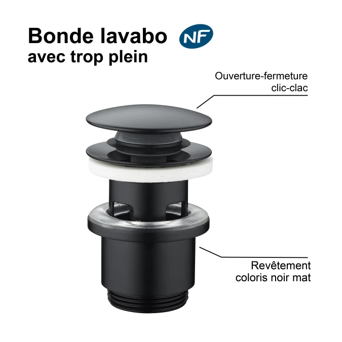 Bonde de lavabo clic-clac - avec trop plein - Certifié NF