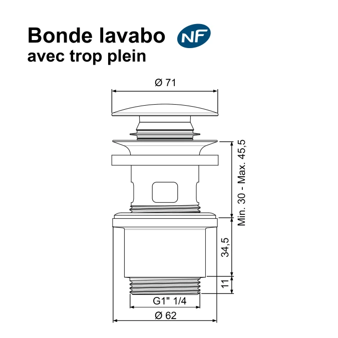 Bonde de lavabo clic-clac - avec trop plein - Certifié NF