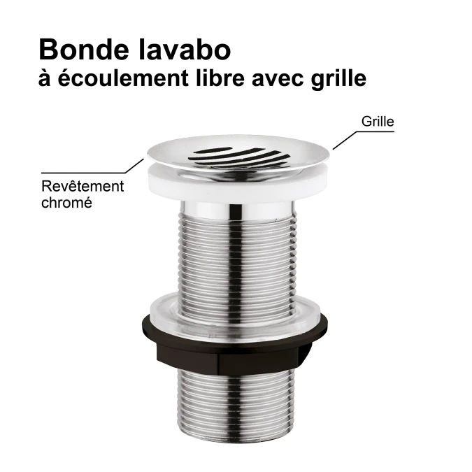 Bonde de lavabo avec grille à écoulement libre - Spécial plan de travail épais