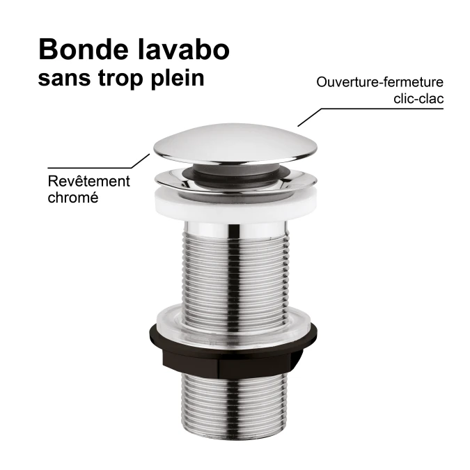 Bonde de lavabo clic-clac - Spécial plan de travail épais sans trop plein