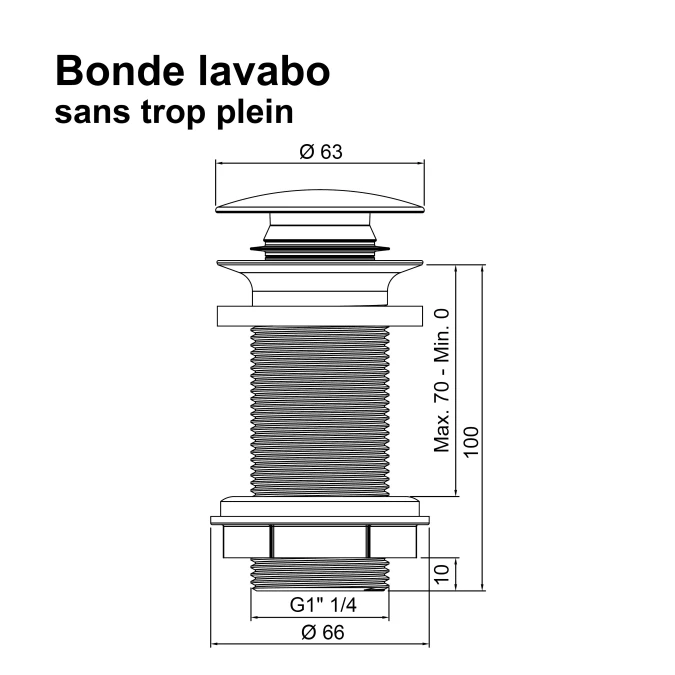 Bonde de lavabo clic-clac - Spécial plan de travail épais sans trop plein