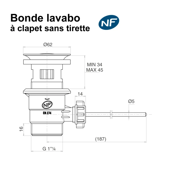 Bonde de lavabo à clapet, sans tirette - Certifié NF