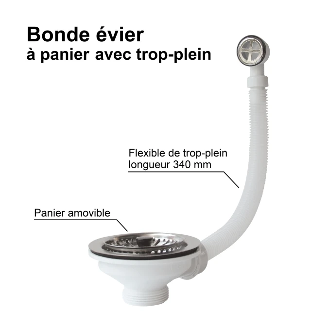 Bonde à panier, pour évier - avec trop-plein percé - Ø 90 mm