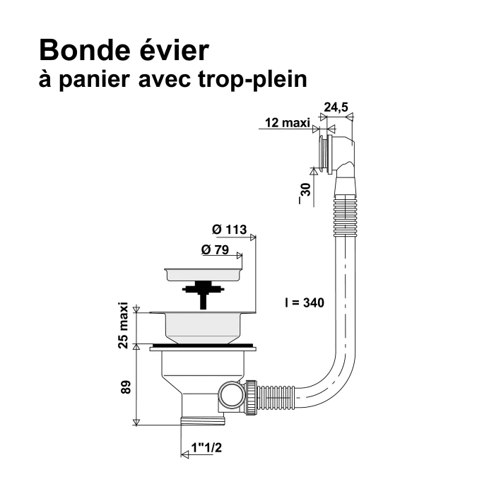 Bonde à panier, pour évier - avec trop-plein percé - Ø 90 mm