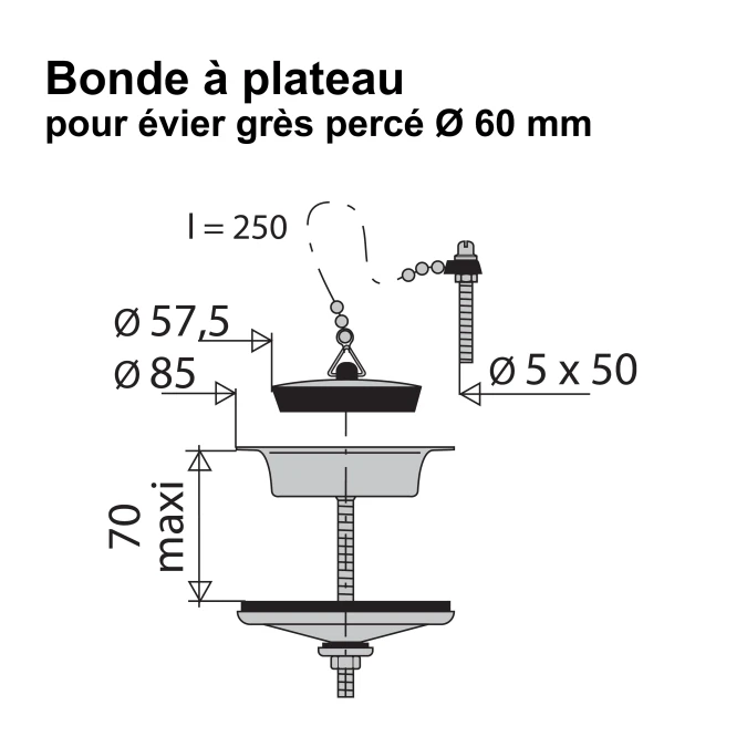Bonde à plateau, pour évier grès percé - Ø 60 mm