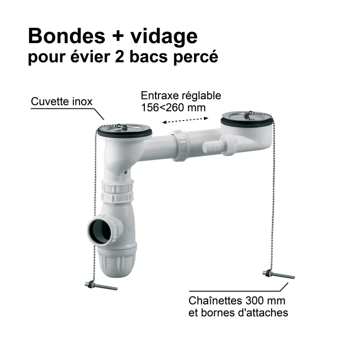 Bonde + vidage pour évier 2 bacs - Certifié NF