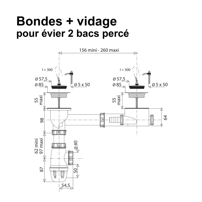 Bonde + vidage pour évier 2 bacs - Certifié NF