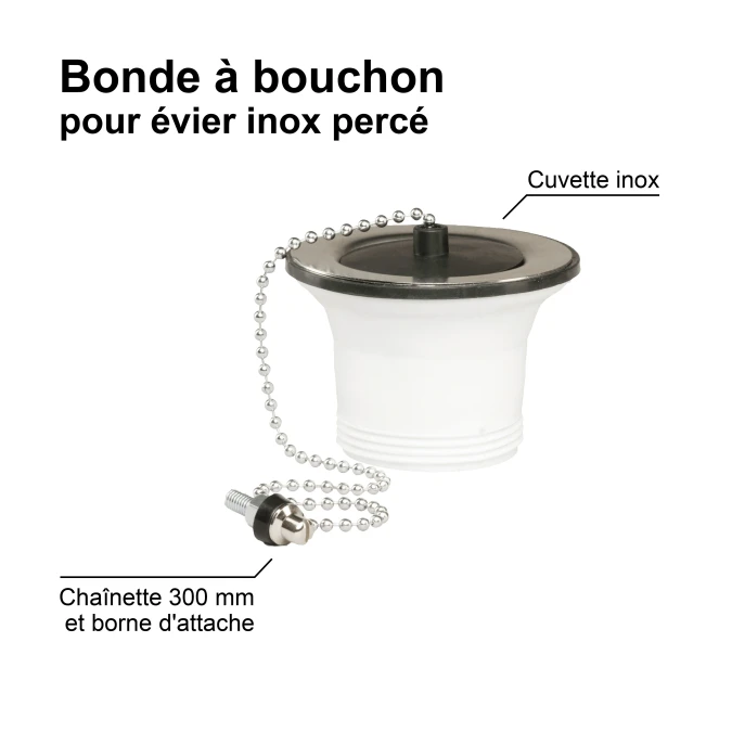 Bonde à bouchon - Sans trop plein, pour évier inox percé - Ø 50 mm