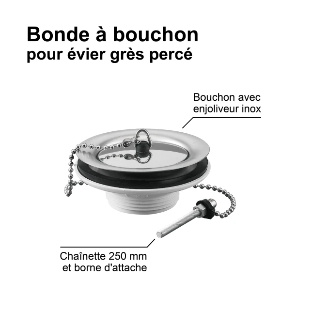 Bonde à bouchon - Sans trop plein, pour évier grès percé - Ø 60 mm - Certifié NF