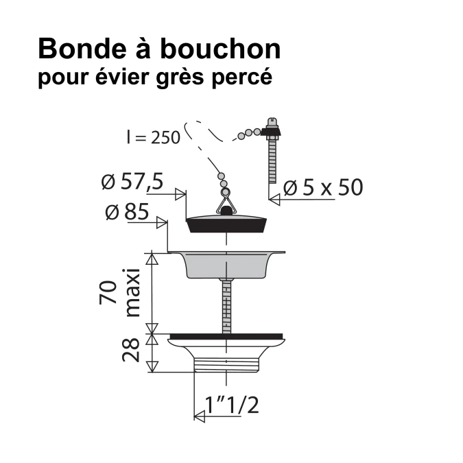 Bonde à bouchon - Sans trop plein, pour évier grès percé - Ø 60 mm - Certifié NF