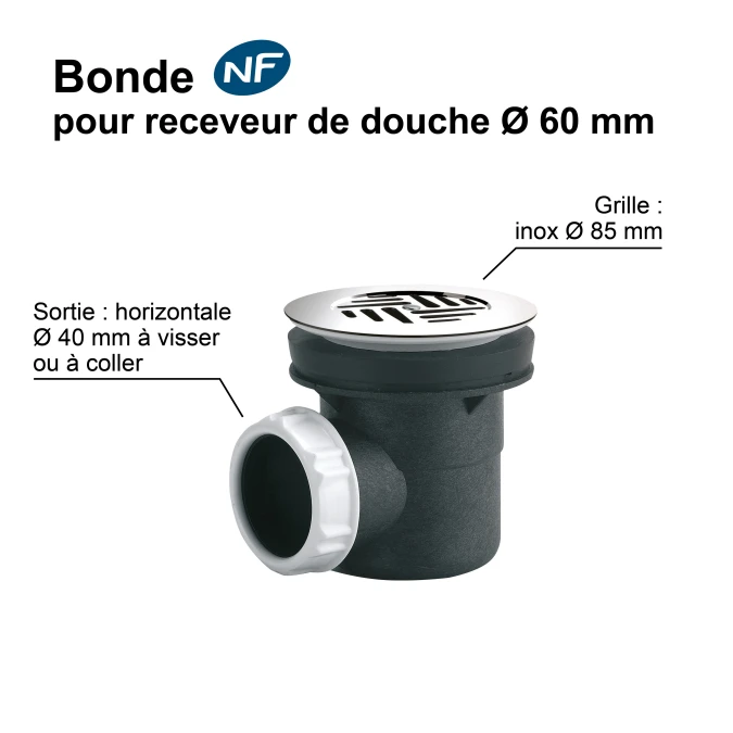 Bonde pour receveur de douche avec trou - Ø 60 mm - Certifié NF