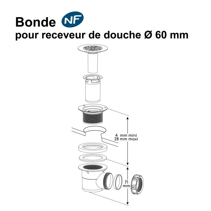 Bonde pour receveur de douche avec trou - Ø 60 mm - Certifié NF