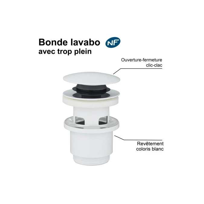 Bonde de lavabo clic-clac - avec trop plein - Certifié NF