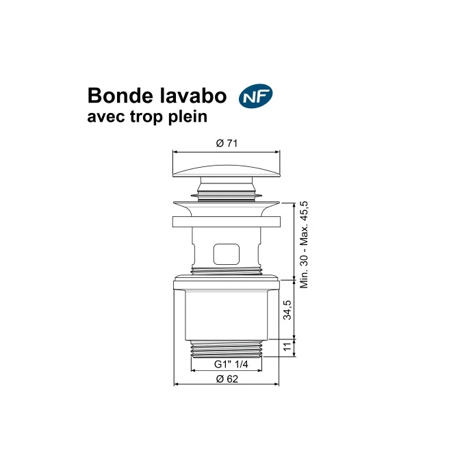 Bonde de lavabo clic-clac - avec trop plein - Certifié NF