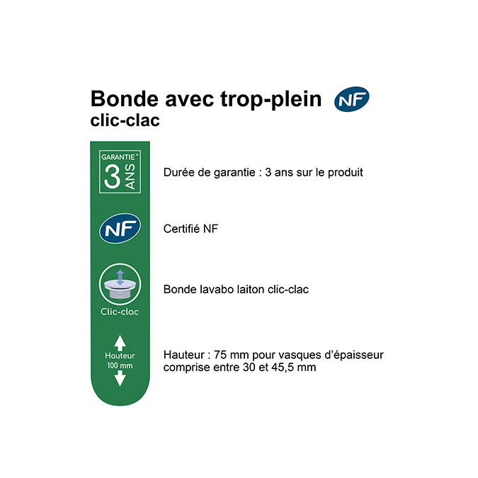 Bonde de lavabo clic-clac - avec trop plein - Certifié NF
