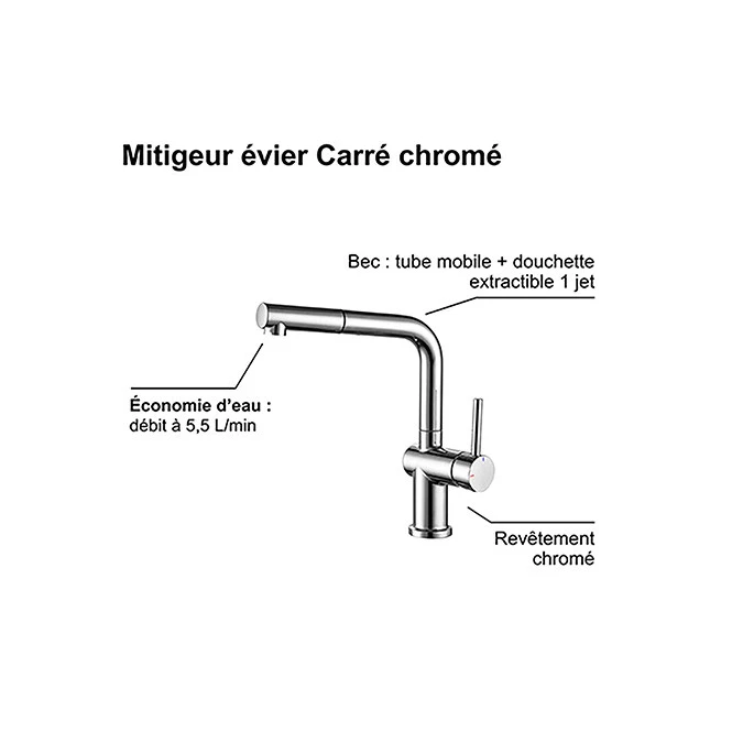 Mitigeur évier CARRÉ avec douchette extractible
