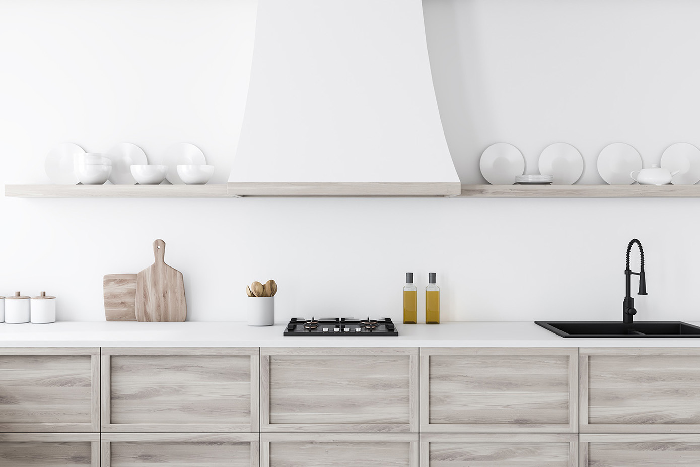 Ambiance cuisine moderne blanc et bois avec robinetterie élégante